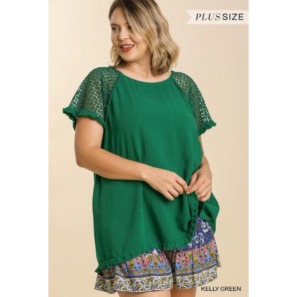 Umgee Green Floral Crochet Fringe Top XL